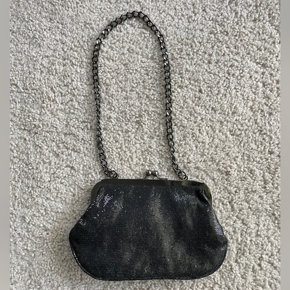 Express Retro Black Sequin Gunmetal Chain Strap Coin Purse Clutch Bag Purse
